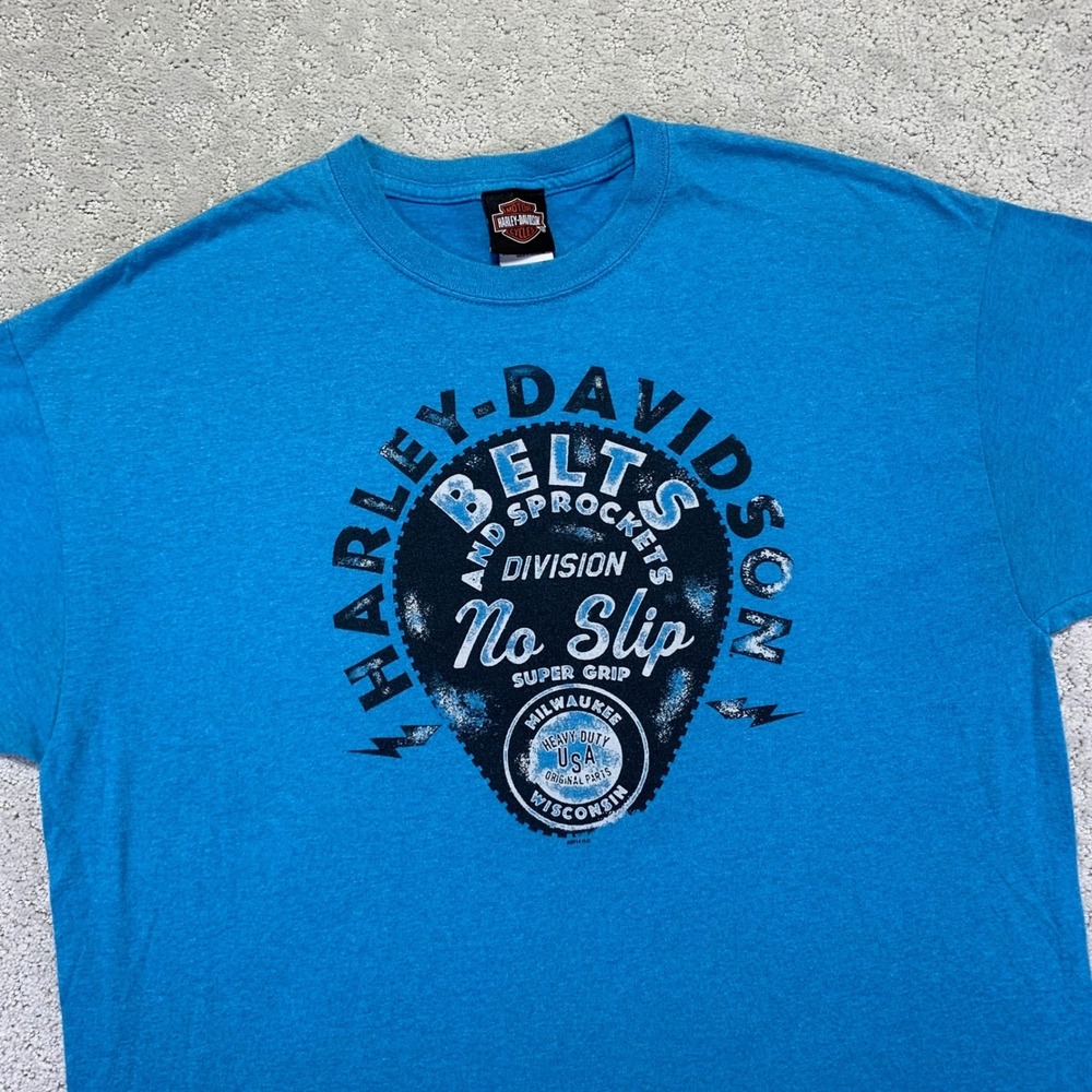 Harley Davidson T Shirt Size XL Blue Belts and Sprockets Biker Graphic Milwaukee